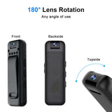 Starlight Night Vision Mini Camera showcasing 180° lens rotation; views from front, backside, and topside highlighting compact design.
