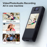 4K Mini Body Camera showcasing video, photo, and audio recording features with user-friendly one-click options.