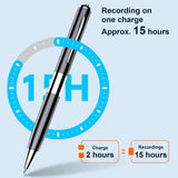 An infographic featuring a sleek pen showing recording time of approx. 15 hours per 2-hour charge.