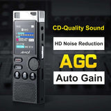 Professional digital voice recorder with CD-quality sound, HD noise reduction, and AGC features on a studio background.