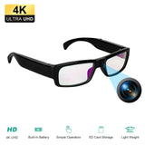 4K spy recording glasses with hidden camera, 90° wide-angle lens, lightweight design, and built-in battery.