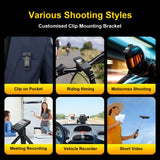 Collage showcasing various shooting styles using the Ultra HD Body Camera's clip mounting bracket.