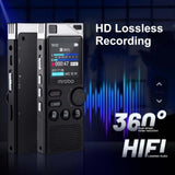 Professional digital voice recorder showcasing HD lossless recording and 360° sound capture in a modern background.