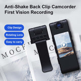 Compact anti-shake back clip camcorder with a rotating lens for easy recording on the go.