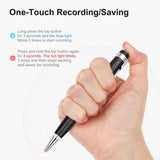 A hand holding a smart pen voice recorder with instructions for one-touch recording and saving.