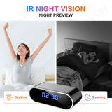 Split image showing a WiFi alarm clock spy camera with IR night vision, featuring daytime and nighttime activity.