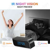 4K WiFi clock spy camera showcasing day and night vision features with user and sleeping individual.