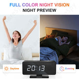 WiFi electronic clock hidden camera showing full-color night vision comparison between day and night scenes.