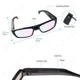 4K Spy Recording Glasses showing dimensions and features like operating button, SD card slot, and USB port.