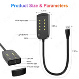 Illustration of USB night light spy camera size and parameters showing dimensions, light buttons, and lens placement.