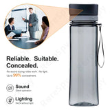Image of a water bottle with 1080P hidden camera features, showing soundless operation and lighting info for covert surveillance.