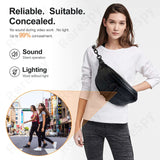 Woman wearing a covert backpack camera for stealthy surveillance, displaying silent operation and no light features.