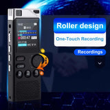 Professional digital voice recorder showcasing roller design, one-touch recording, and LED display features.