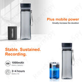 Infographic showing water bottle with 1000mAh battery, highlighting mobile power for extended recording and motion detection.