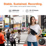 A young woman wearing a backpack with a pinhole camera in a busy city street, showcasing the 4000mAh battery for outdoor recordings.