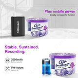 Air freshener product with mobile power connection, showcasing battery capacity and recording duration features.
