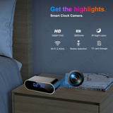 1080P WiFi alarm clock spy camera with IR night vision and motion detection on bedside table.