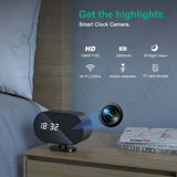 Smart Clock Camera with 1080P FHD, IR Night Vision, Wi-Fi, motion detection, and TF card storage on a bedside table.