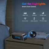 4K WiFi clock spy camera on nightstand, features 1080P HD, IR night vision, and 140° wide-angle lens.