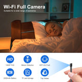 WiFi pinhole camera setup with features like 1080P HD, motion detection, and app control for discreet monitoring.