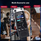 Professional digital voice recorder with multi-scenario use showcased in school and business settings.