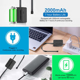 2000mAh battery life illustration for Mini WiFi hidden camera, showcasing 7 hours of continuous recording.