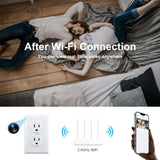 American-style wall socket with hidden camera, showing Wi-Fi connectivity and remote viewing capabilities.