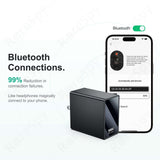 Bluetooth connections with 99% reduction in failures, featuring a sleek black device and smartphone app interface.