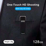Wearable 1080P mini camera clipped to jacket pocket, showcasing one-touch HD shooting feature and 128GB storage.