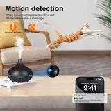 Calming ultrasonic aroma diffuser with motion detection feature and jumping cat, showcasing a hidden camera alert.