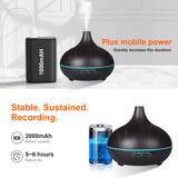 Calming ultrasonic aroma diffuser with 2000mAh battery and mobile power capability, ideal for long-lasting use.