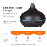 Elegant ultrasonic aroma diffuser with hidden storage for photos and videos. Max 128GB TF card capacity.
