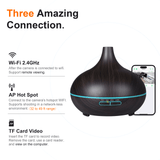 Calming ultrasonic aroma diffuser with WiFi hotspot, remote viewing, and TF card video recording.