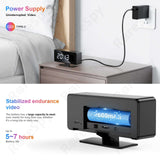 WiFi electronic clock hidden camera with power supply, showing battery capacity and endurance video features.