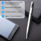Silver digital voice recorder pen beside a smartphone, highlighting features like memory support to 128GB and 11-hour battery life.