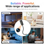USB Night Light spy camera in four scenarios: bedroom, pet monitoring, reading, and nighttime work.