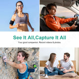 4 images showcasing activities: running, driving, climbing, and socializing with spy recording glasses.