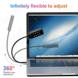 Adjustable flexible USB night light connected to a laptop, illustrating 360° hose adjustment for optimal positioning.