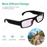 4K spy recording glasses with pinhole lens design, lightweight and discreet for outdoor adventures.