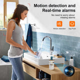 Woman using a push-pump bottle spy camera in a bathroom; highlights motion detection and real-time alerts.