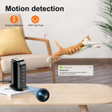 5-port USB charging tower with hidden camera, detecting motion as cat jumps, showcasing alert notification on app.