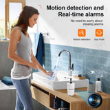 Woman using a sink in a bathroom with a hidden camera disguised as hand sanitizer, showcasing motion detection features.