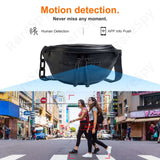 1080P WiFi backpack camera showcasing motion detection alert, with women crossing the street in an urban setting.