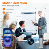 Infographic on motion detection features, showcasing human detection & remote view with a WiFi camera in a meeting setting.