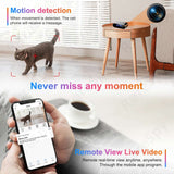Image showing a WiFi alarm clock spy camera detecting motion, with a smartphone displaying live video monitoring.