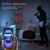 Image showing a motion detection alert on a smartphone while a hooded figure is present in a dim room.