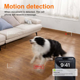 Dog detected by motion detection system in a living room with alert notifications on a phone.