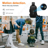 Image of a 1080P WiFi backpack camera showcasing motion detection feature in a classroom setting with children.