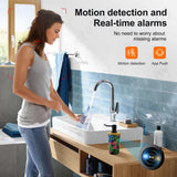 Woman using a sink with motion detection and real-time alarm features showcased around her.