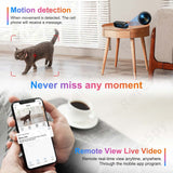 Image of a smart projector with motion detection, showcasing a cat and mobile app for remote video viewing.